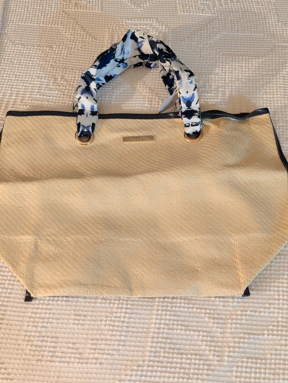 Oscar De La Renta Beach-Ready Straw Tote Bag with Navy Scarf Handles